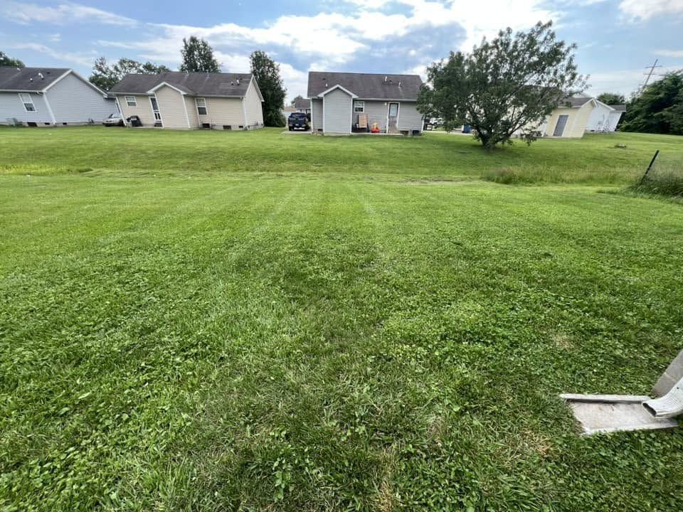 A large open back lawn cut flat and even, with neighbouring houses behind the fence line.